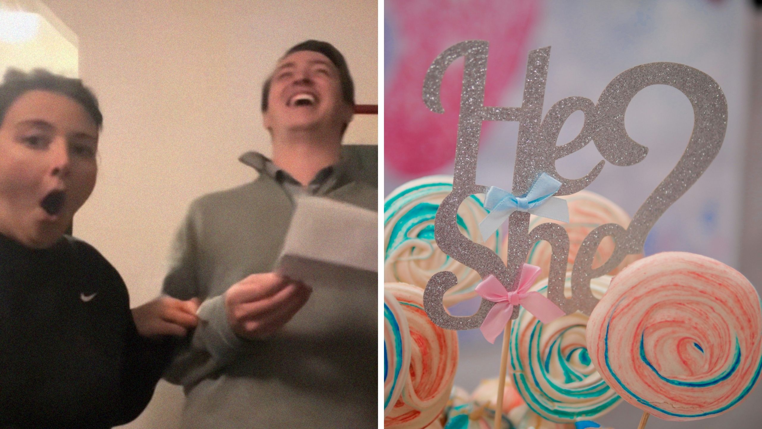 couple with shocked reaction (l) he or she for gender reveal (r)