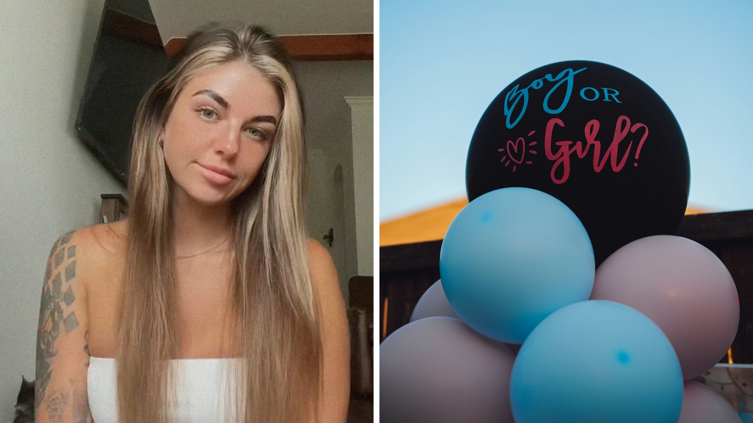 woman shares boyfriend experience (l) gender reveal balloons (r)