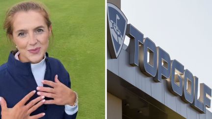 woman shares golfing experience (l) topgolf logo (r)