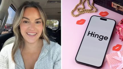 woman sharing her hinge experience (l) hinge logo (r)