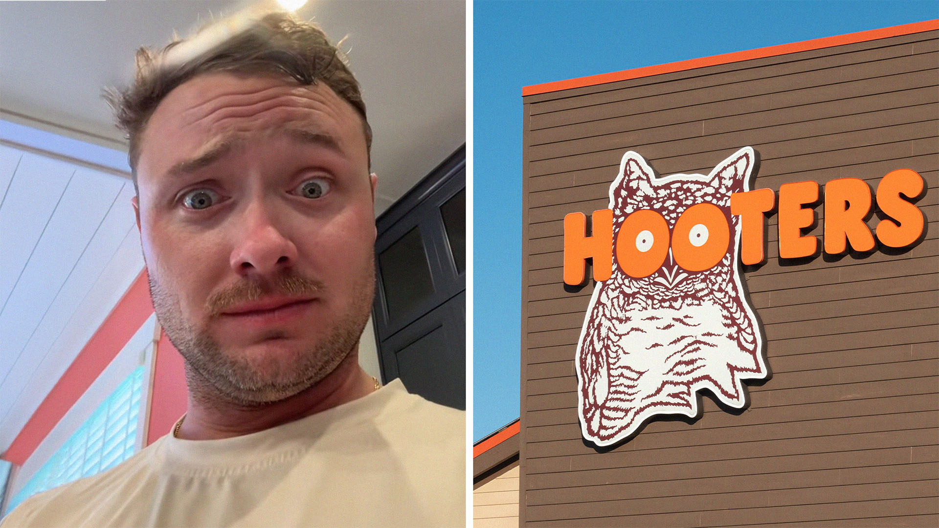 man shares how his friend flirts (l) hooters logo (r)