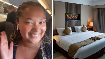 woman shares hotel tips (l) hotel bed (r)