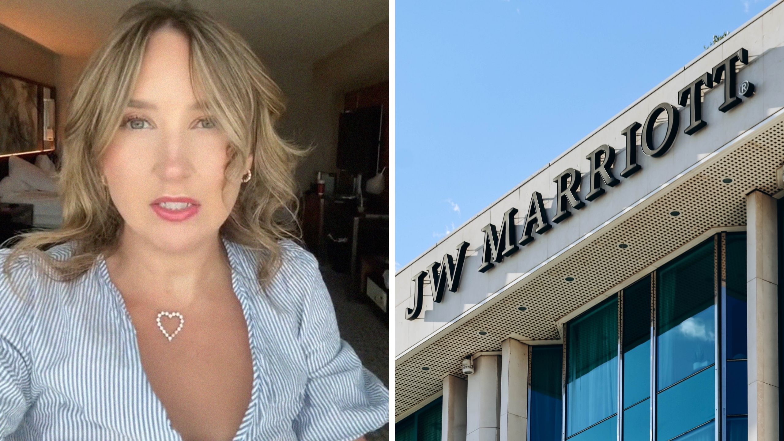 woman shares hotel hacks (l) Marriott logo (r)