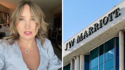 woman shares hotel hacks (l) Marriott logo (r)