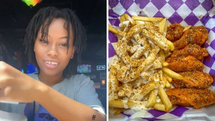 woman shares kicked out experience (l) wings in to go plate (r)