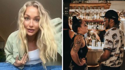 blonde woman shares her bar experience (l) couple at a bar (r)