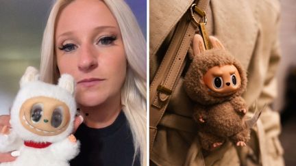 woman holding a toy (l) labubu (r)