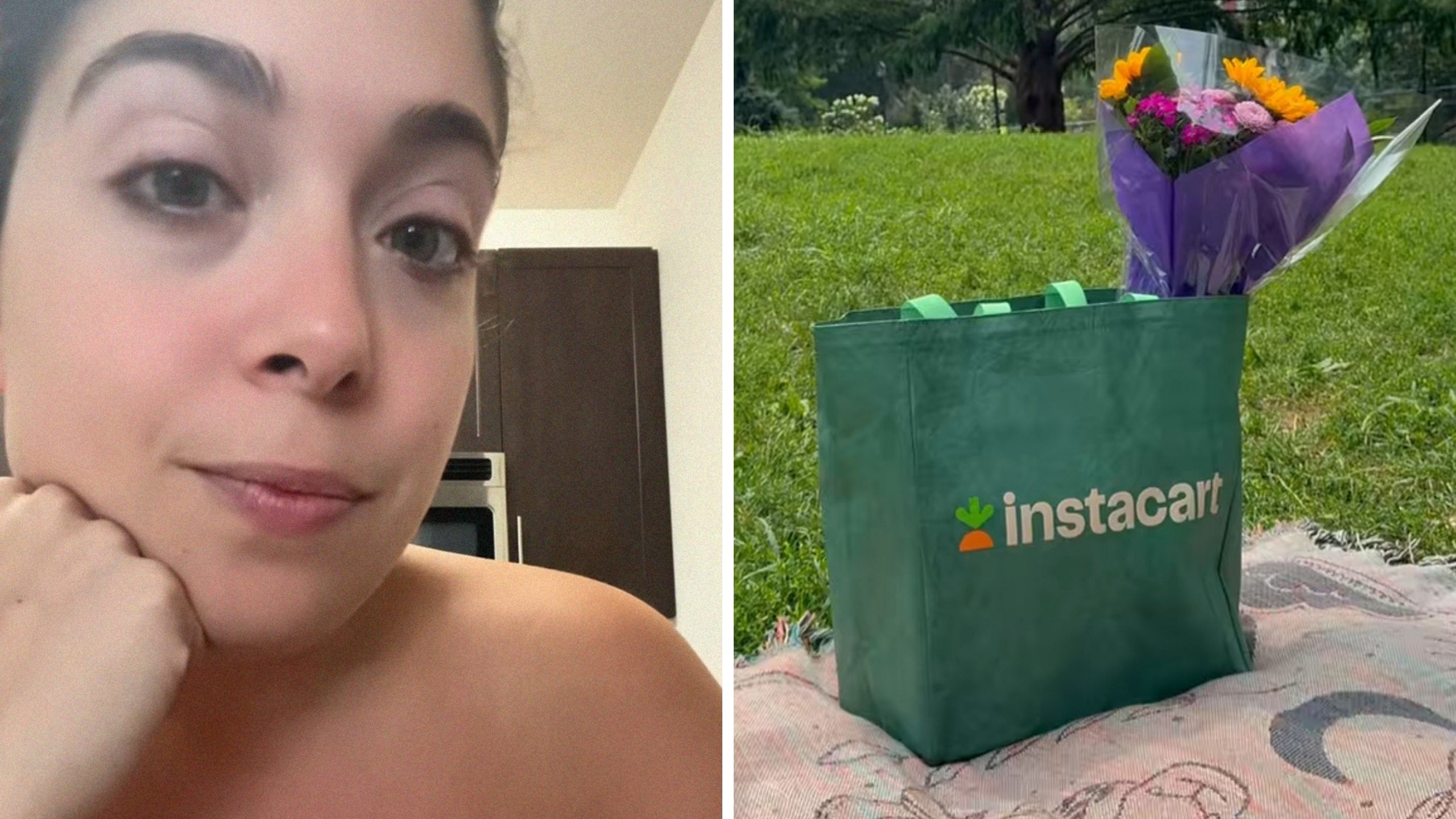 woman shares instacart experience (l) instacart bag (r)
