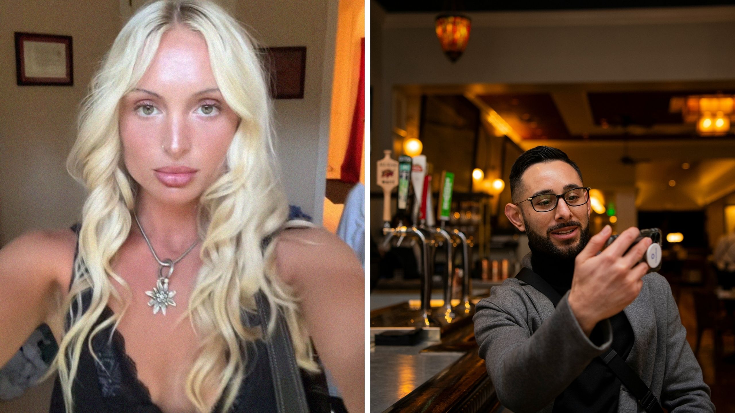 woman shares bar experience (l) man taking photos (r)