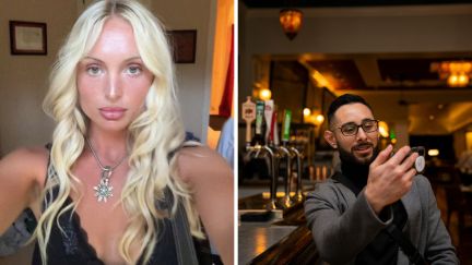 woman shares bar experience (l) man taking photos (r)