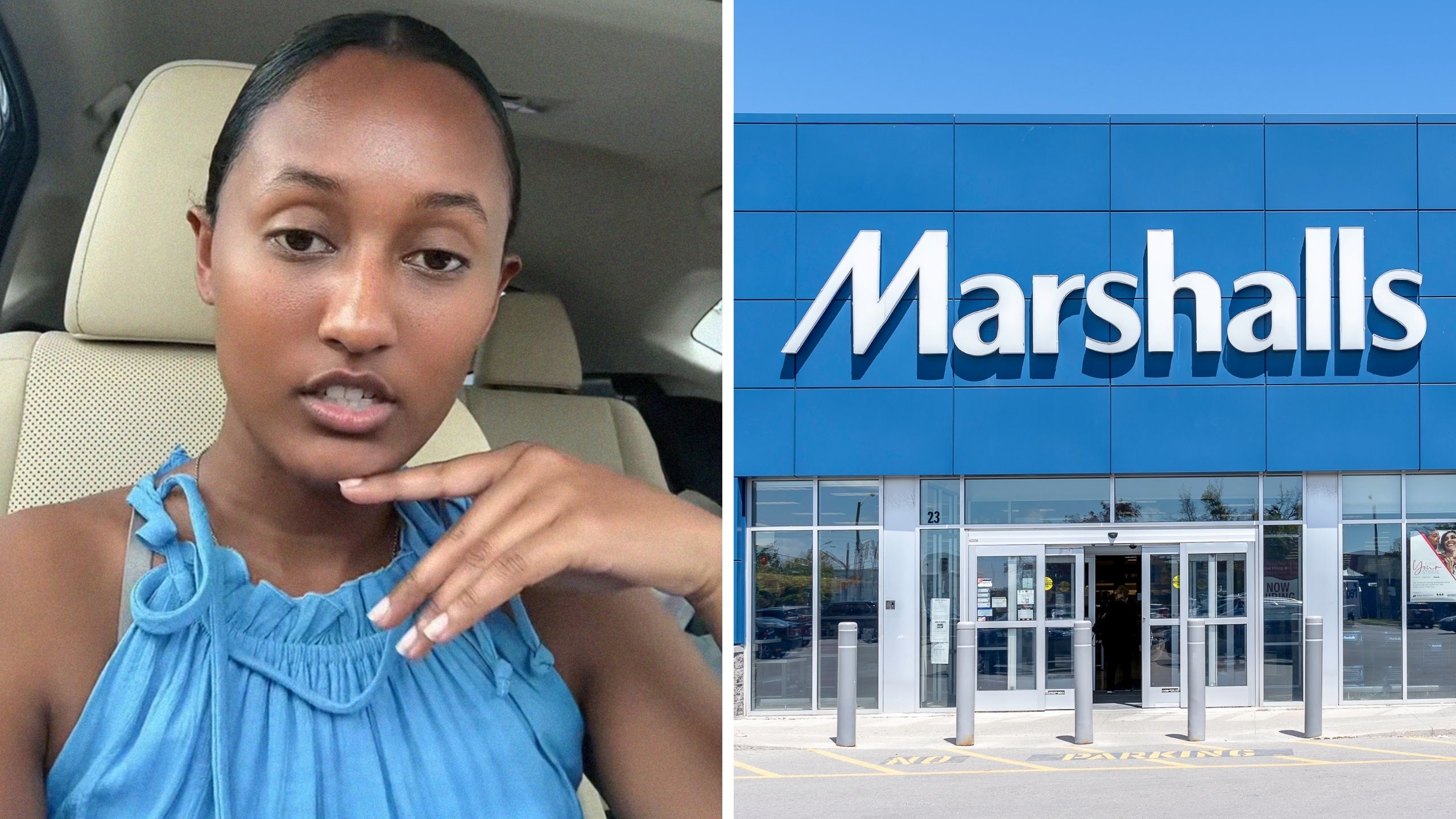 woman shares marshalls experience (l) marshalls logo (r)