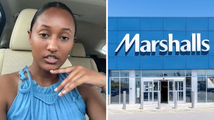 woman shares marshalls experience (l) marshalls logo (r)