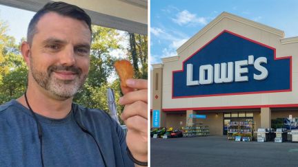 man shares shopping experience at lowe's (l) lowe's logo (r)