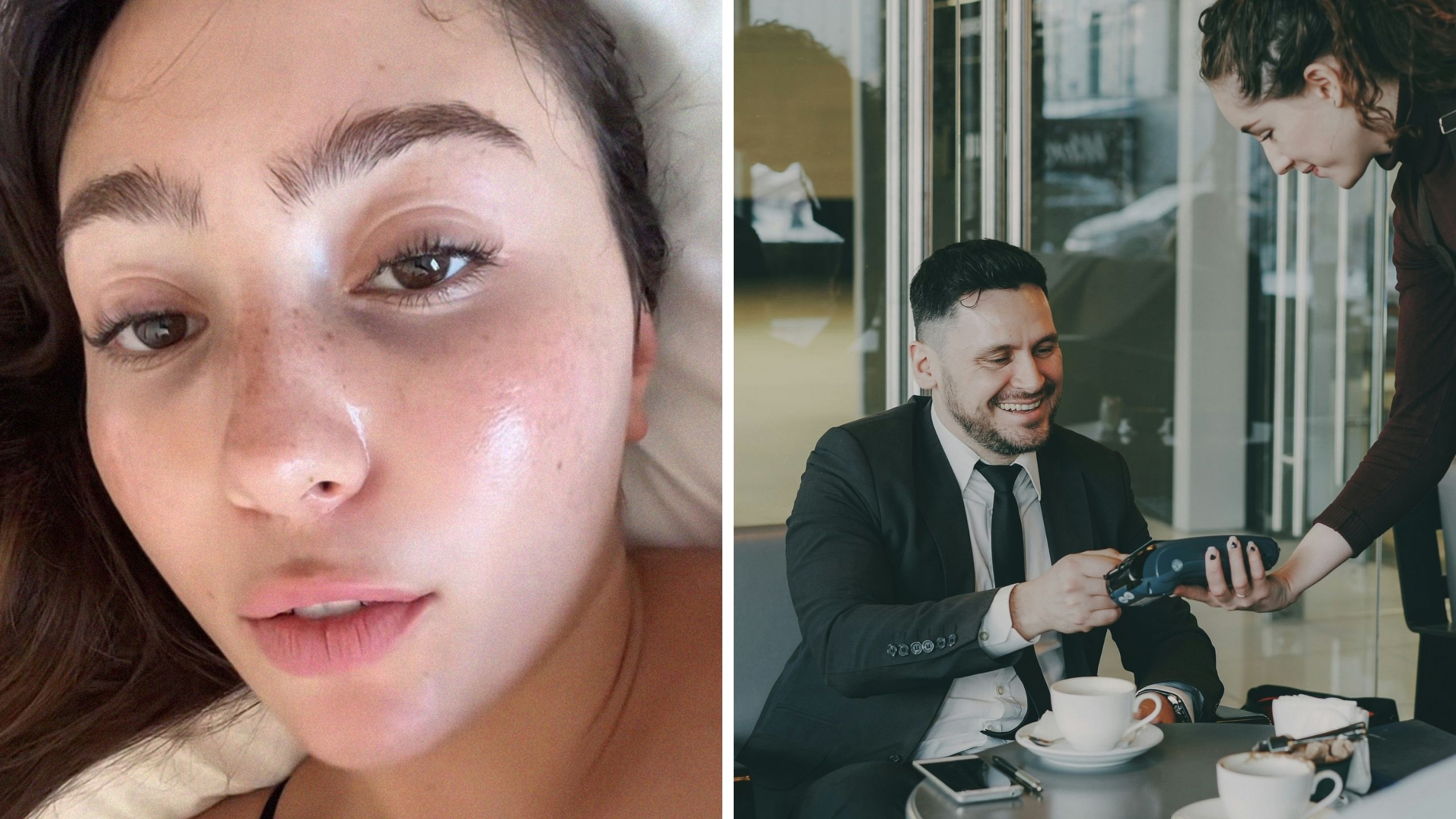 woman shares dating experience (l) man paying bill (r)