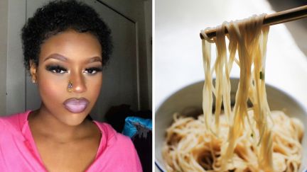 woman with short hair and makeup (l) ramen noddles (r)