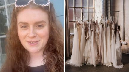 woman shows dress her mother in law chose for her (l) wedding dresses hanging (r)