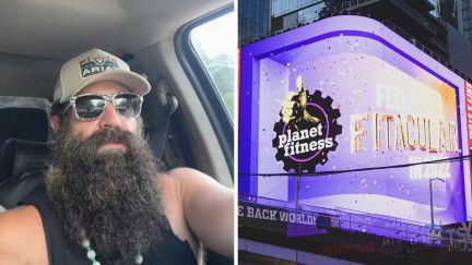 man shares experience at the gym (l) planet fitness logo (r)