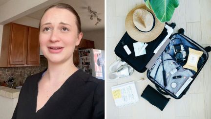 woman shares what airlines are banning (l) carry on filled with traveling items (r)