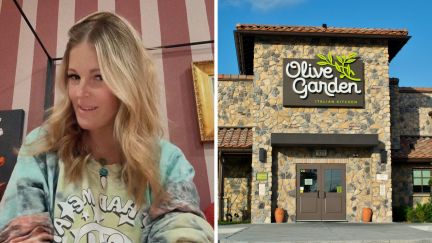 woman shares her olive garden experience (l) olive garden logo (r)