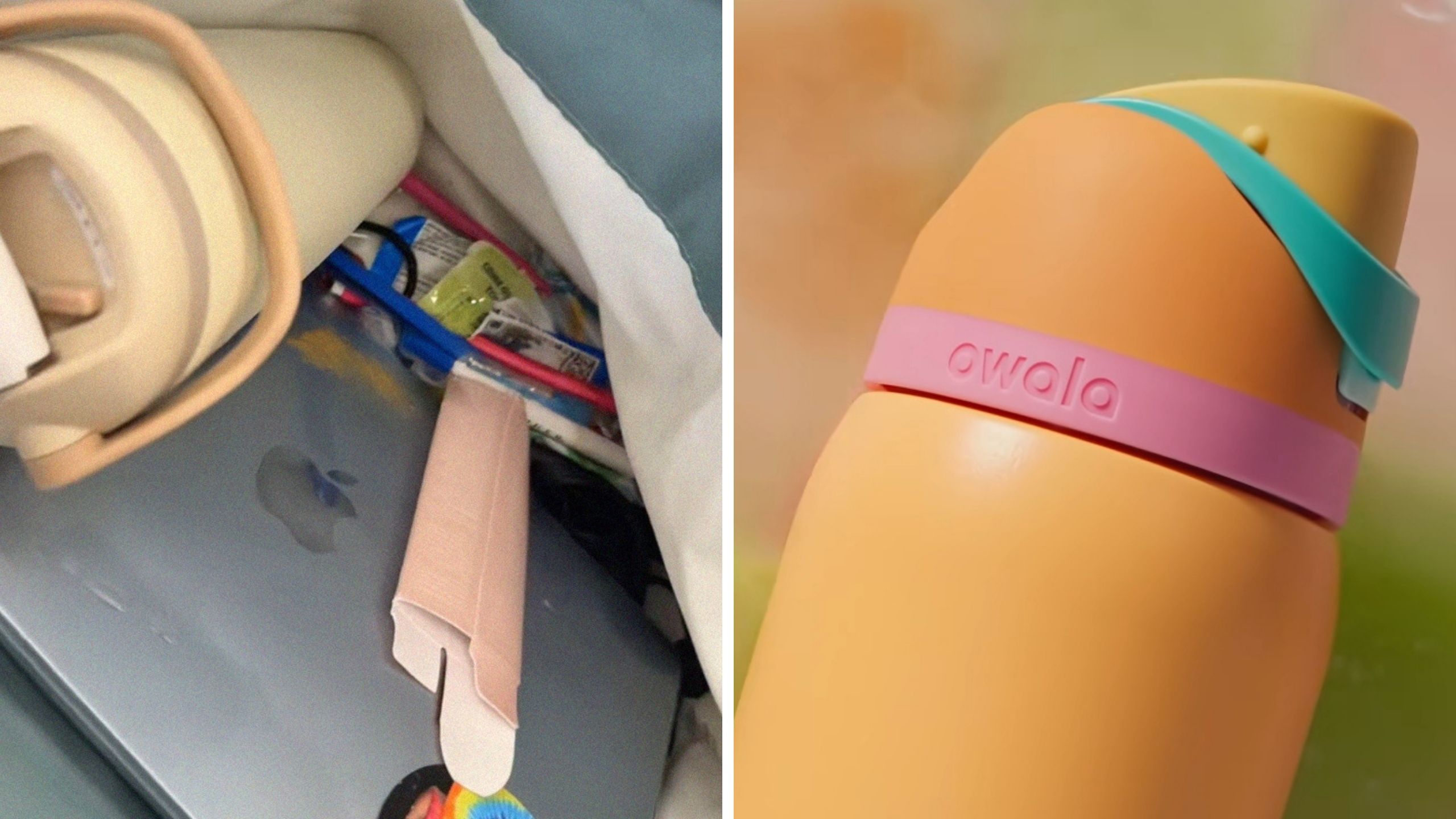 bag with laptop and water bottle (l) Owala water bottle (r)