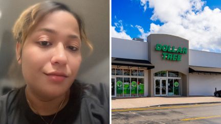 woman shares shopping finds (l) dollar tree logo (r)