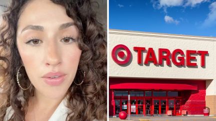 woman sharing information about target (l) target logo (r)