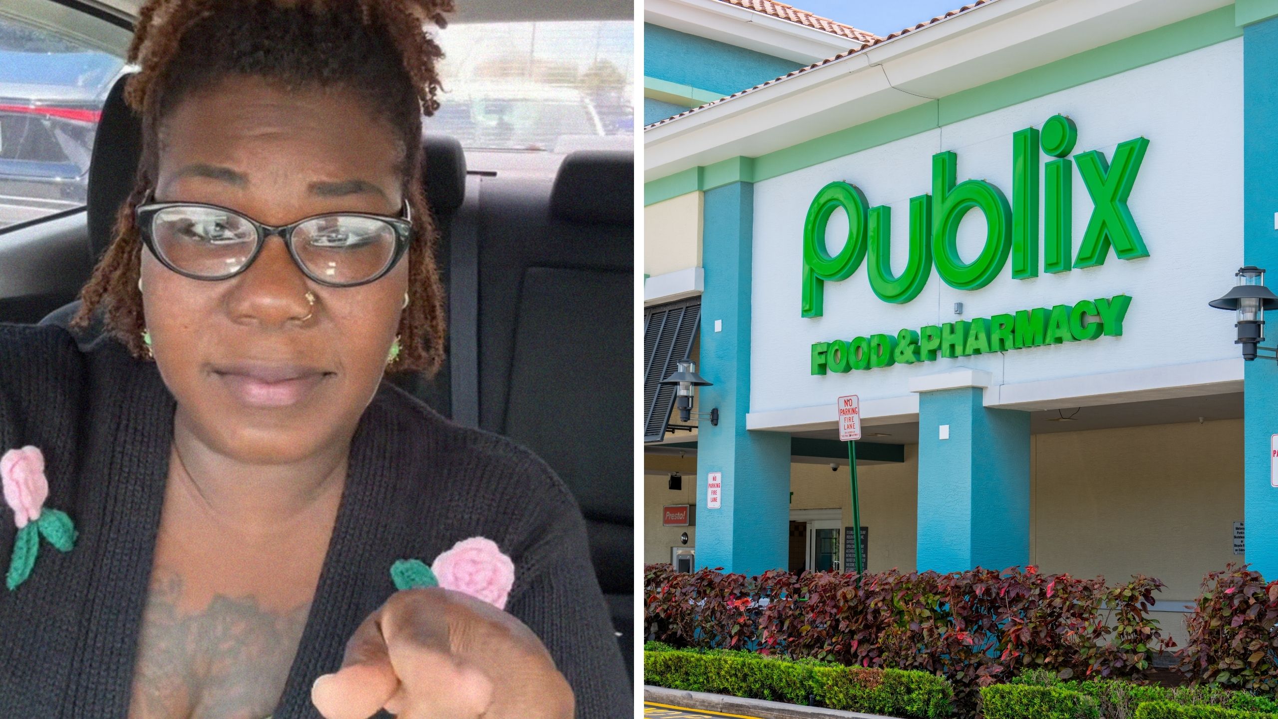 woman shares publix experience (l) publix logo (r)