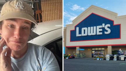 woman shares transporting paint experience (l) lowe's logo (r)
