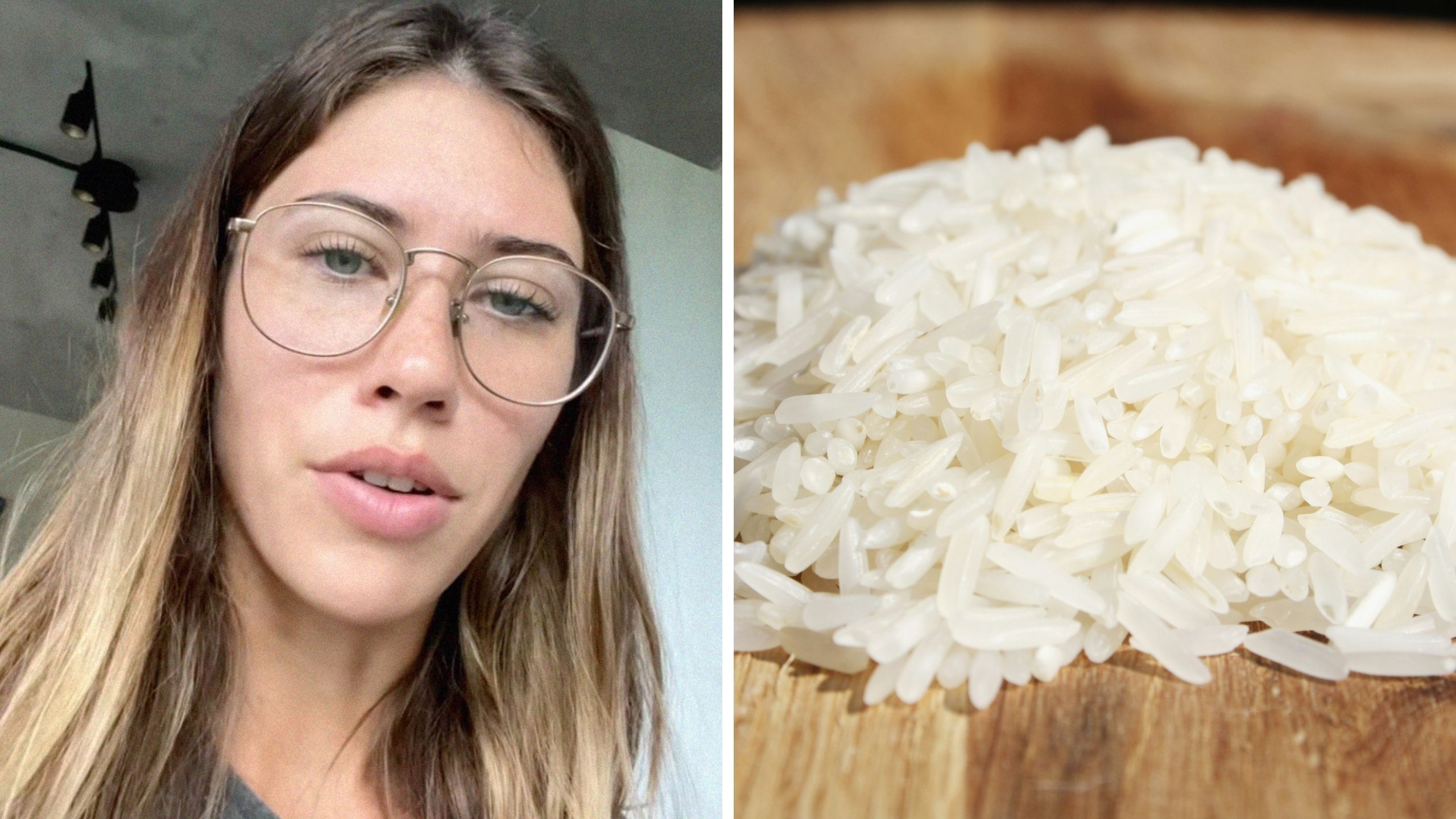 woman in glasses (l) white uncooked rice (r)