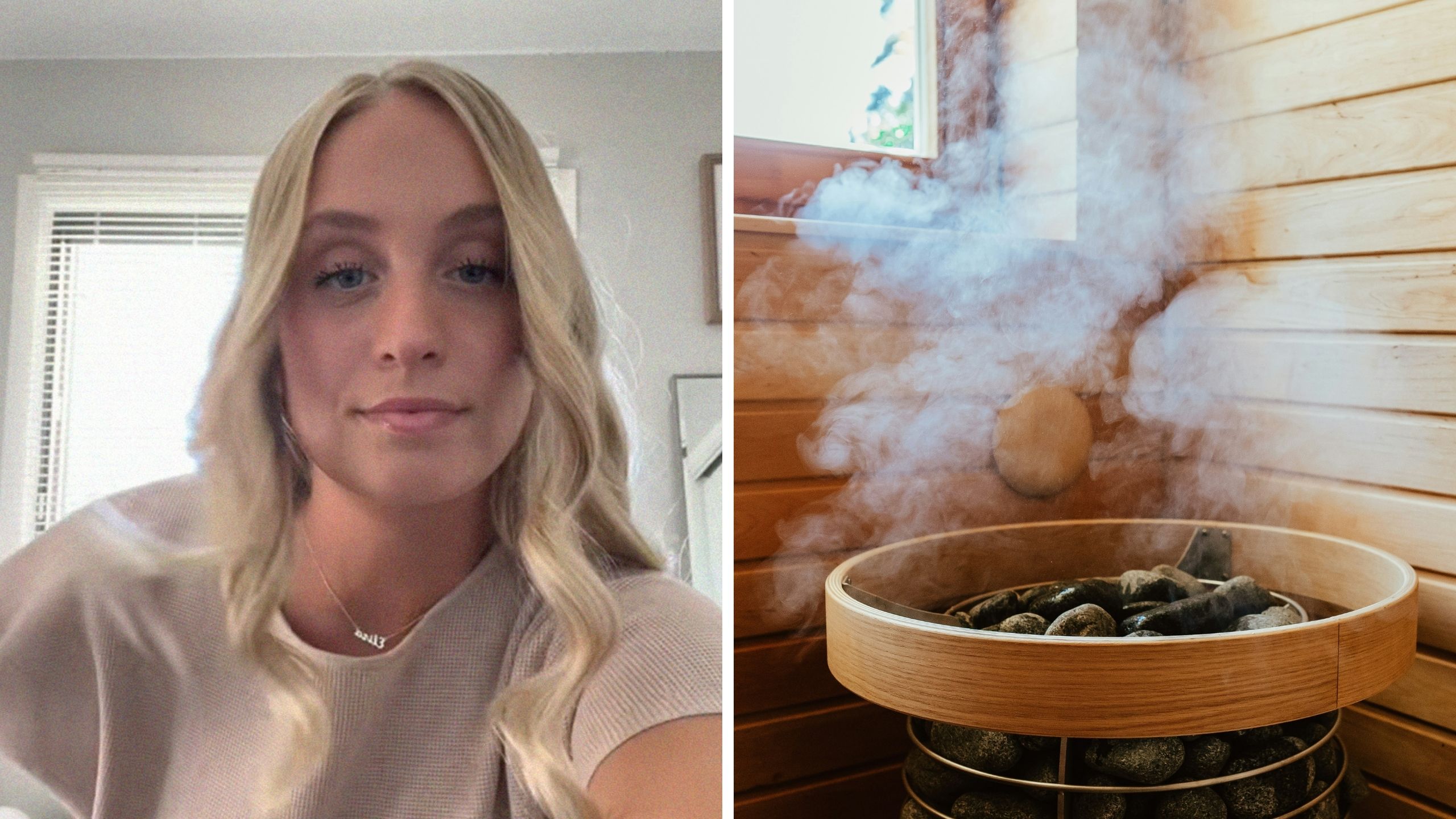 woman shares her sauna experience (l) sauna (r)