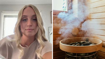 woman shares her sauna experience (l) sauna (r)