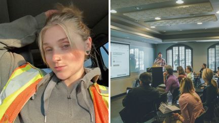 woman shares work experience (l) group in training (r)