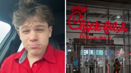 guy shares why he got fired (l) Chick-fil-A logo (r)