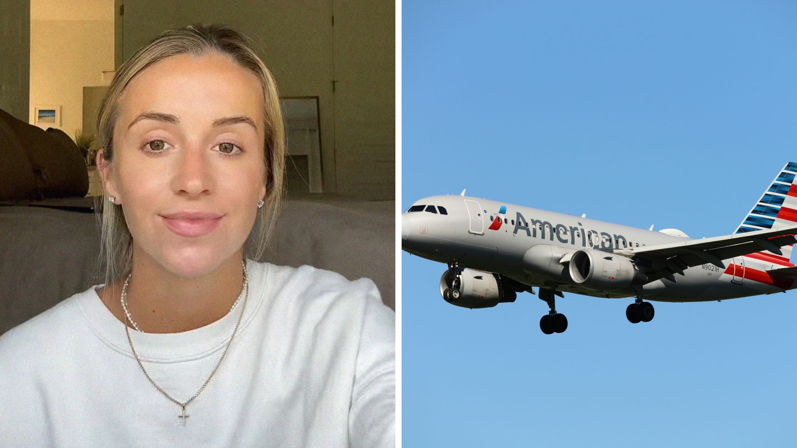 woman shares flight experience (l) american airline plane (r)