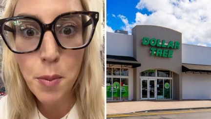 woman shares shopping experience (l) dollar tree logo (r)