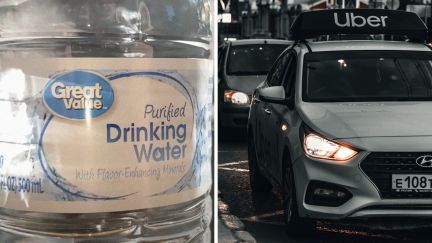 great value bottled water (l) uber (r)