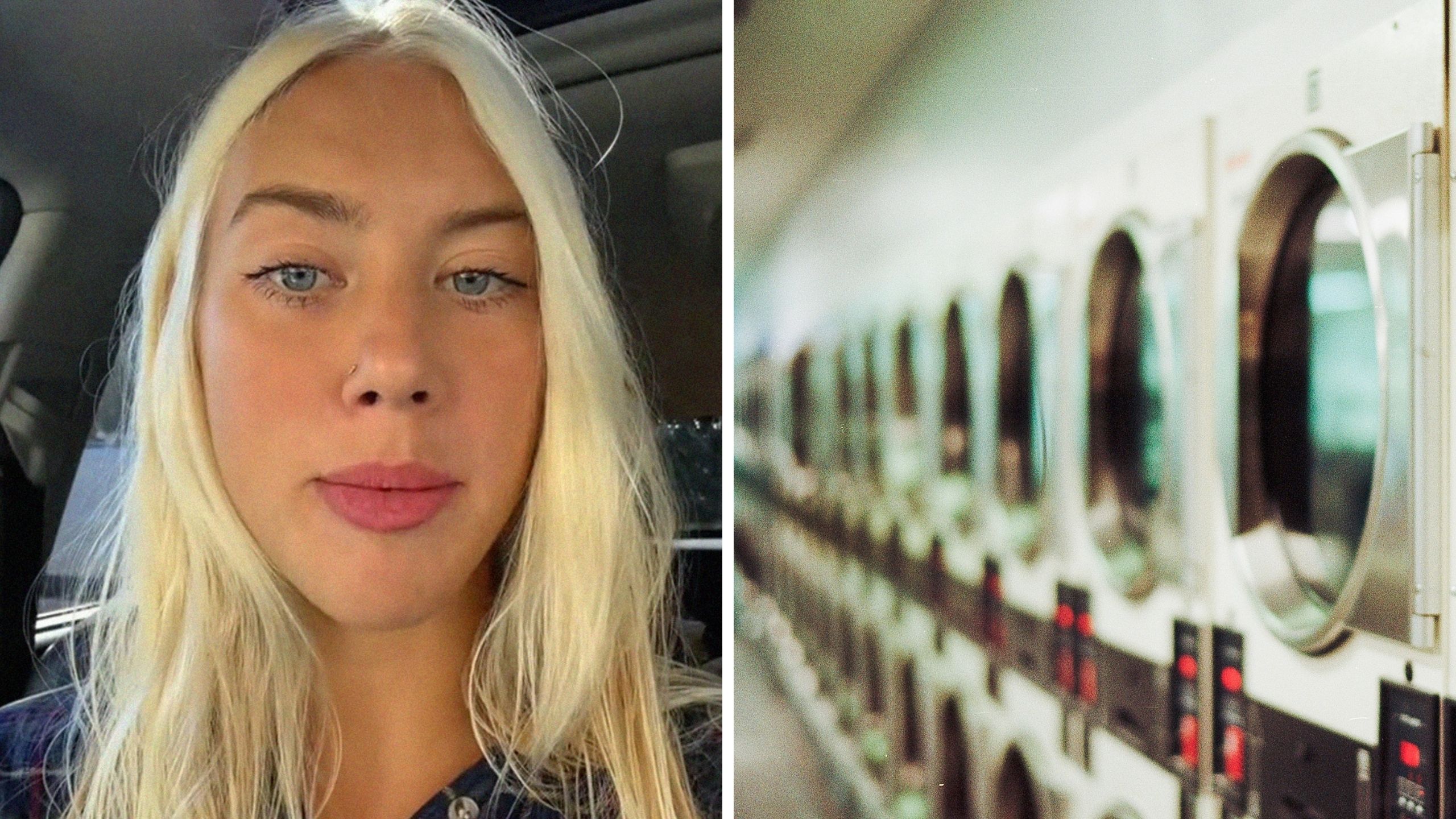 woman shares laundromat experience (l) washing machines (r)