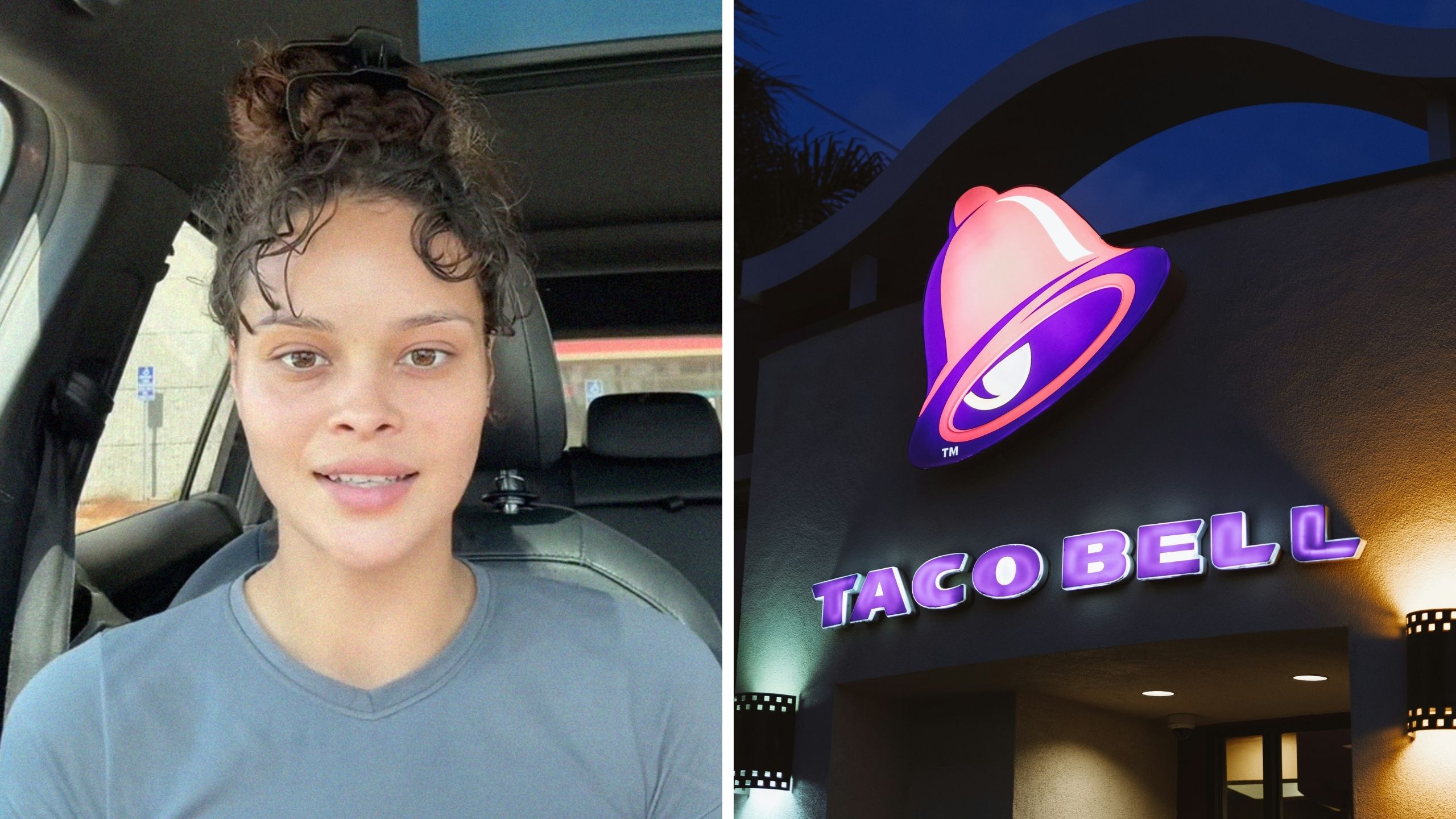 woman shares taco bell experience (l) taco bell logo (r)