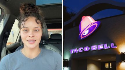 woman shares taco bell experience (l) taco bell logo (r)