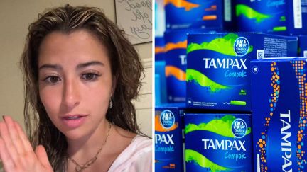 woman shares her experience with tampax (l) tampax logo (r)