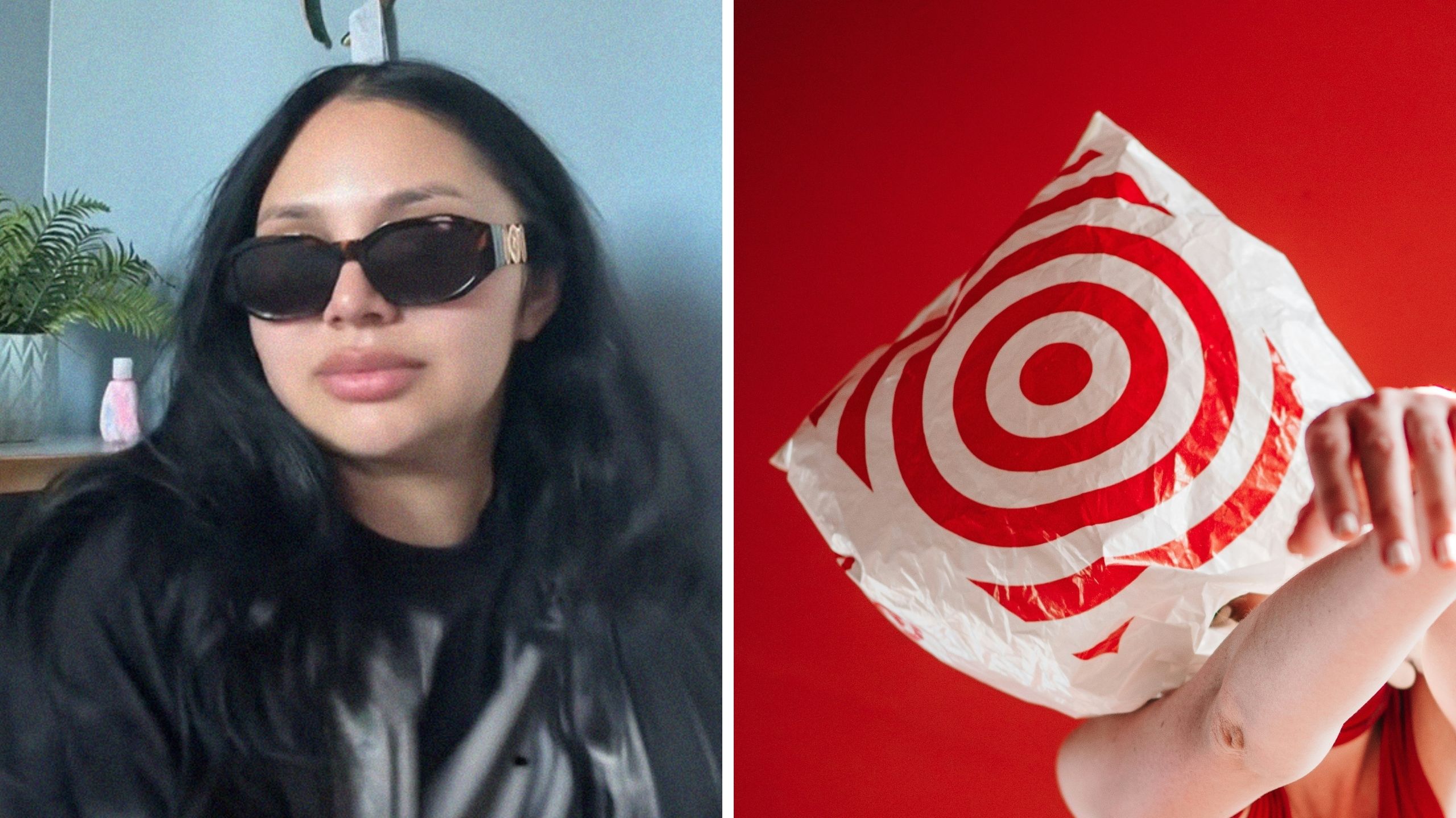 woman shares what she finds in her mans car (l) target bag (r)