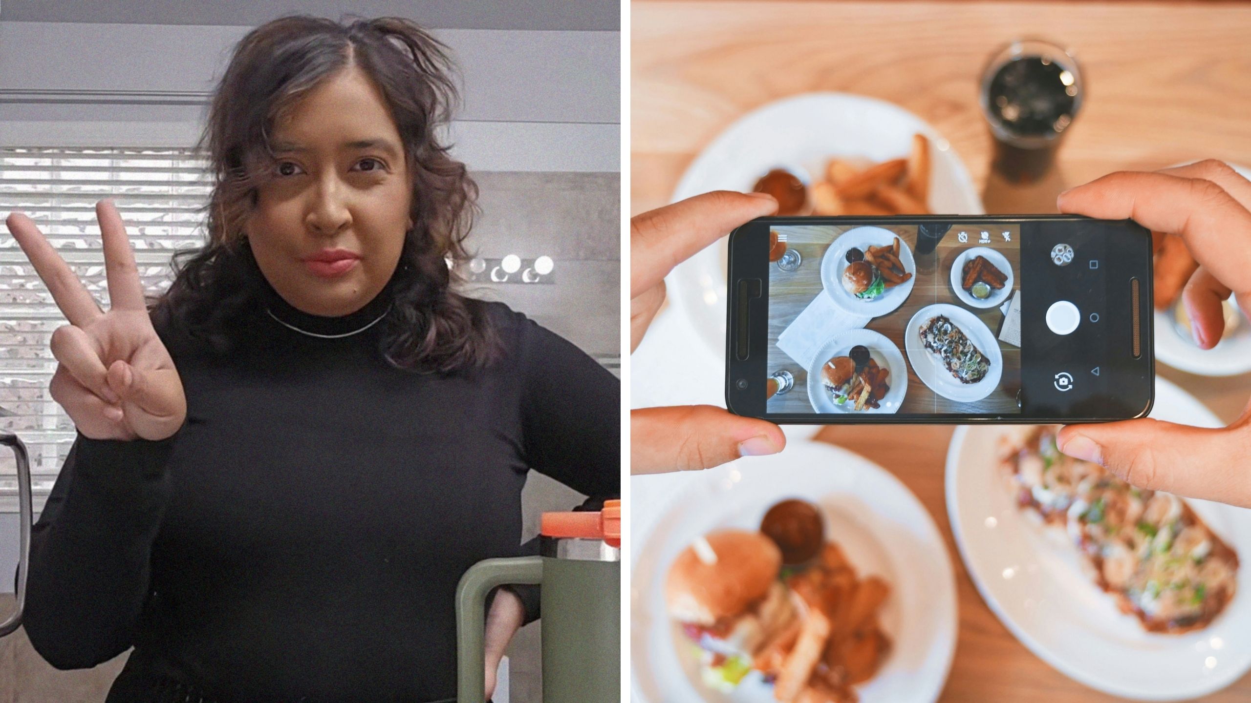 woman shares her experience at a restaurant (l) photo of food (r)