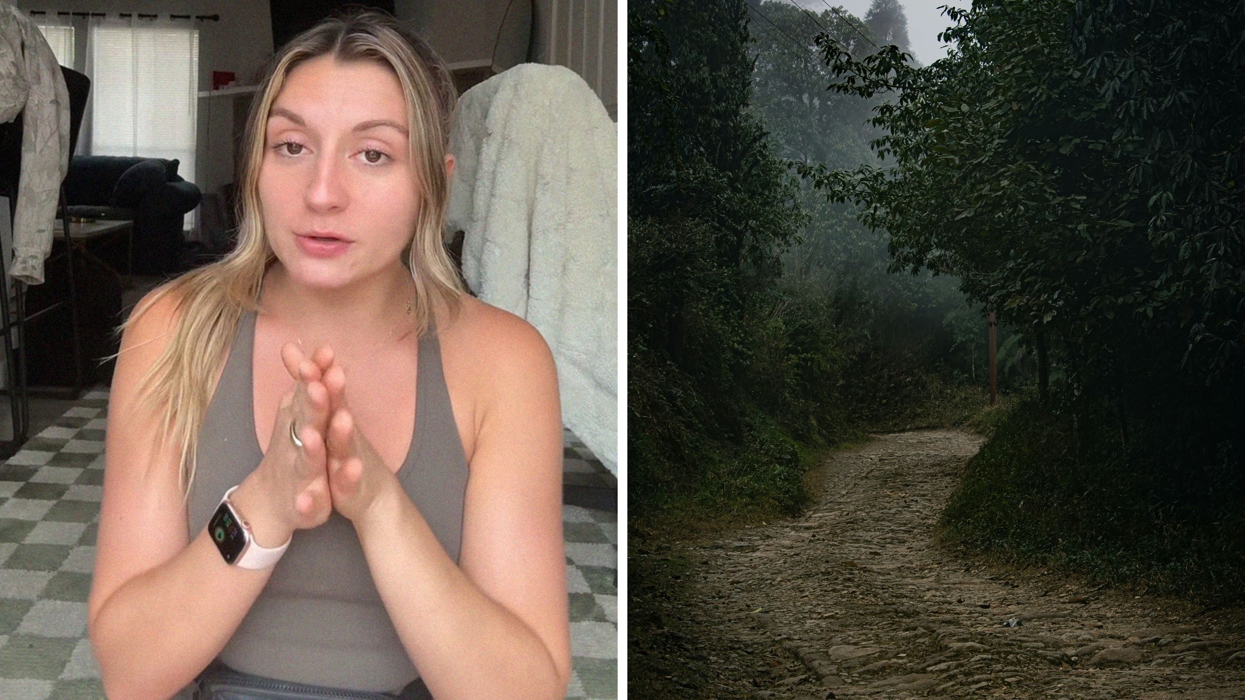 woman shares walk experience (l) scary trail (r)