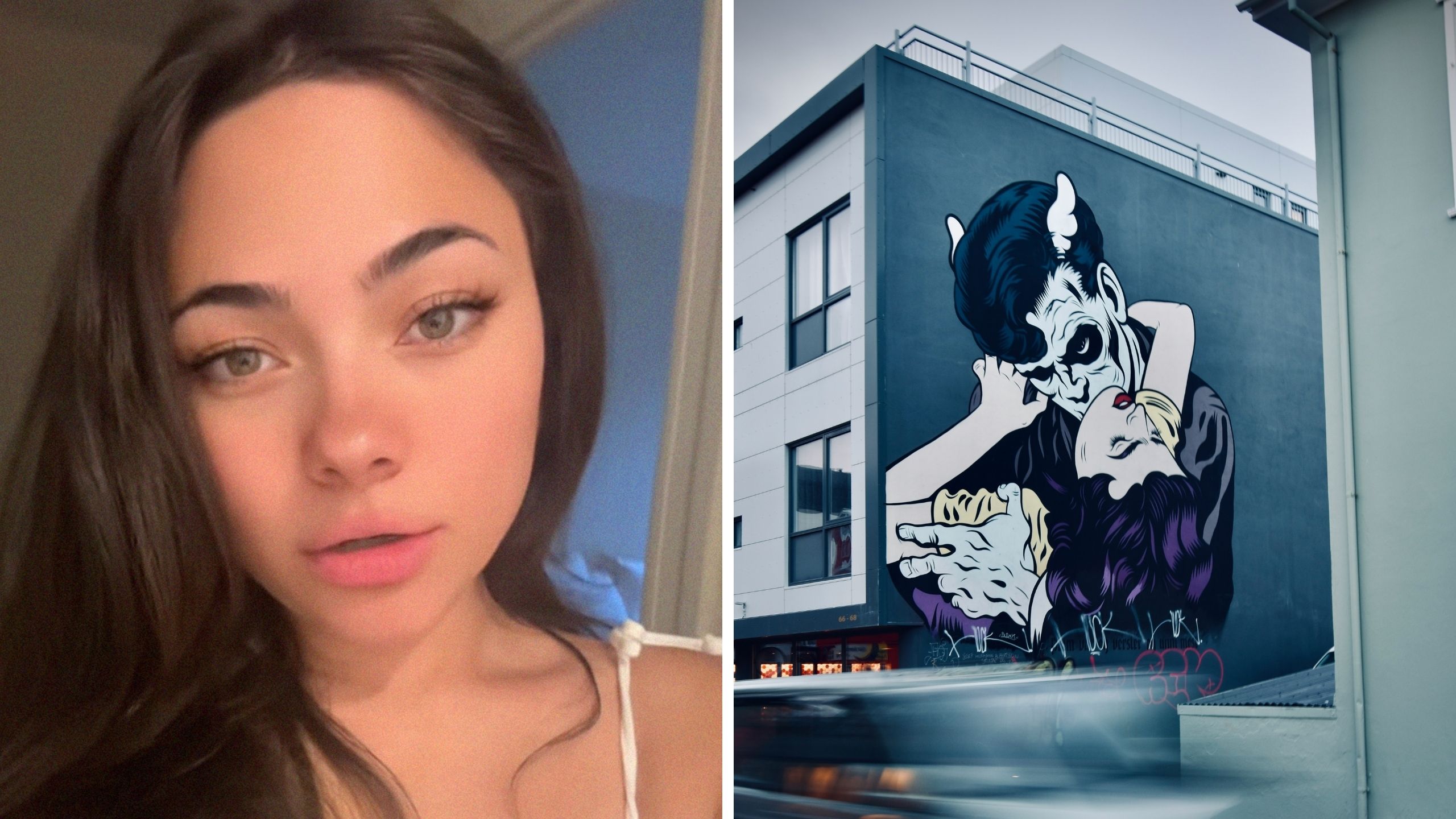 woman talks about vampires (l) vampires painting on building (r)