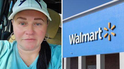 woman shares walmart experience (l) walmart logo (r)