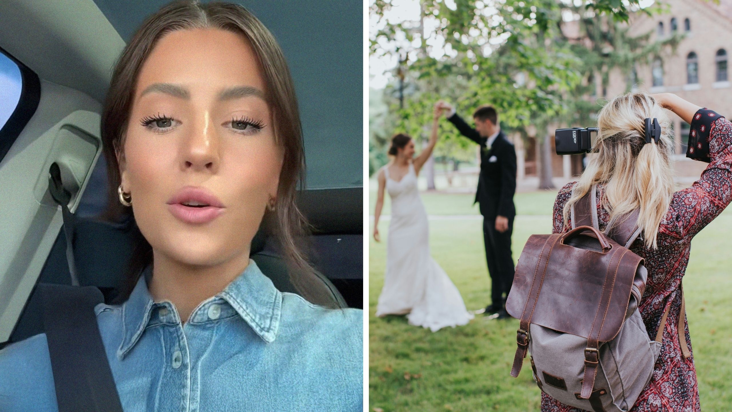 woman shares her experience of being a photographer (l) woman taking wedding photos (r)