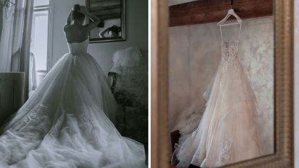 woman wearing wedding dress (l) white dress hanging (r)