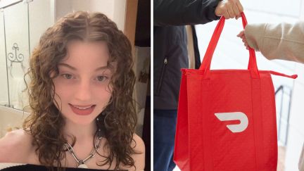 woman shares job experiences (l) doordash bag (r)