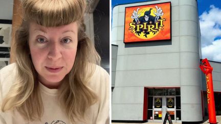 woman shares family joke (l) spirit halloween (r)