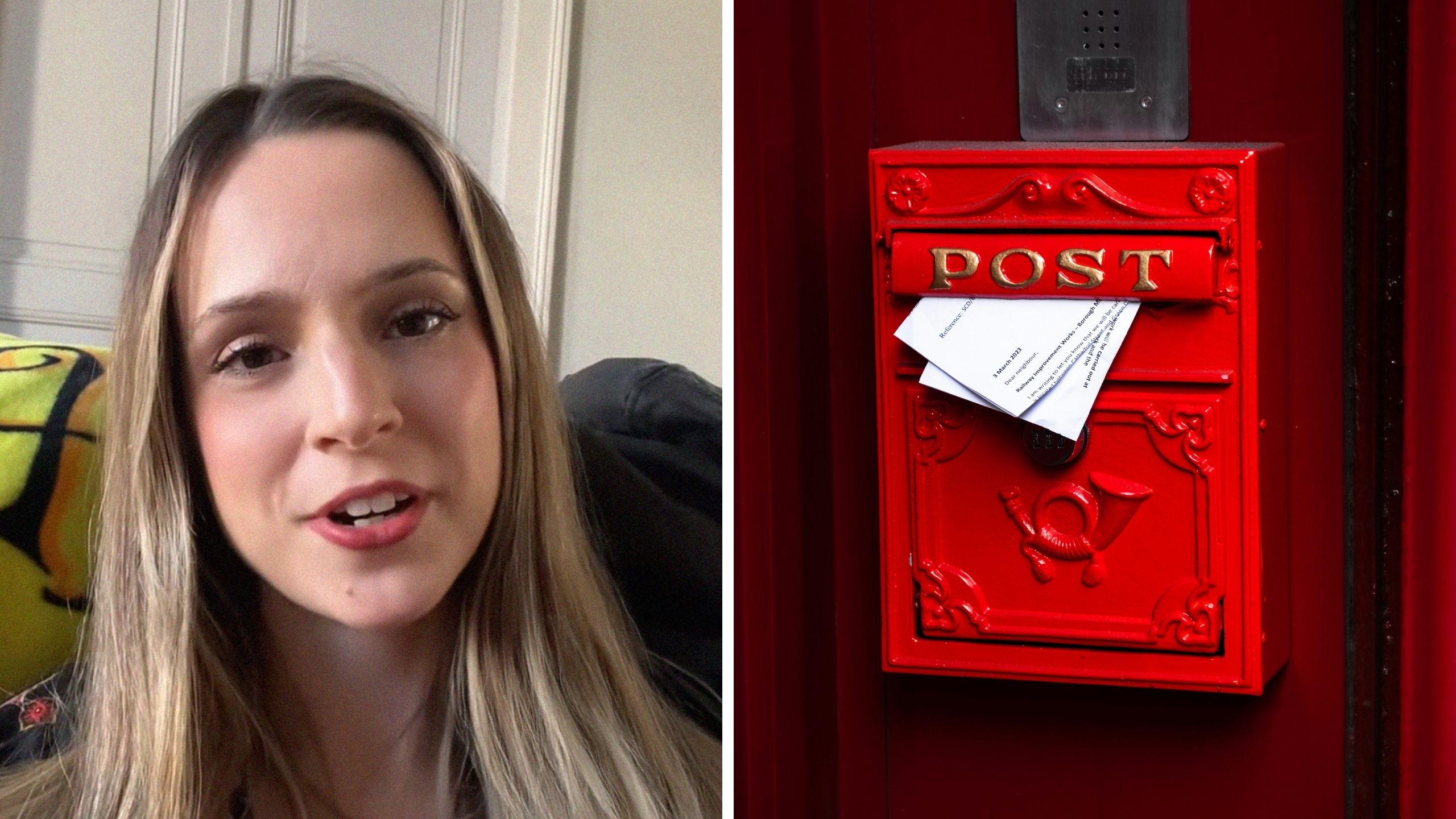 woman shares mailing issues (l) post box and letters (r)